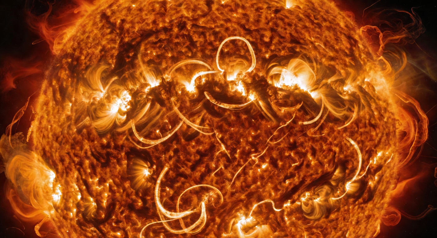 An X-class solar flare erupting from an active region on the Sun, bright plasma loops and magnetic arcs