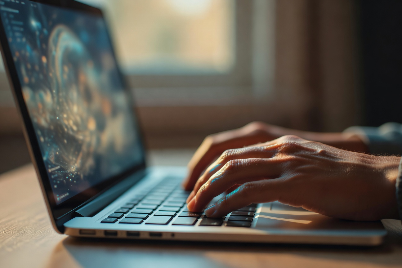 Close-up of hands typing on laptop keyboard under warm window light