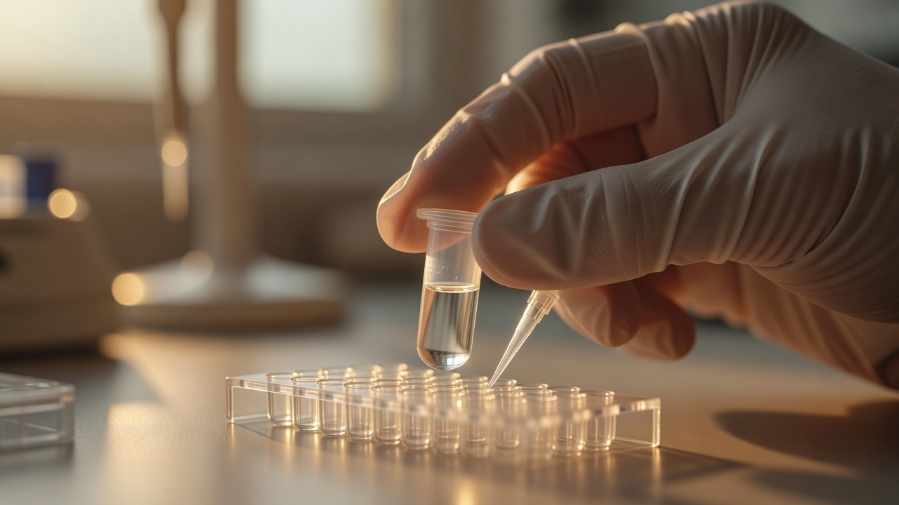 Gloved hand holds a small clear tube of liquid beside a pipette tip above a row of sample tubes on a lab bench.