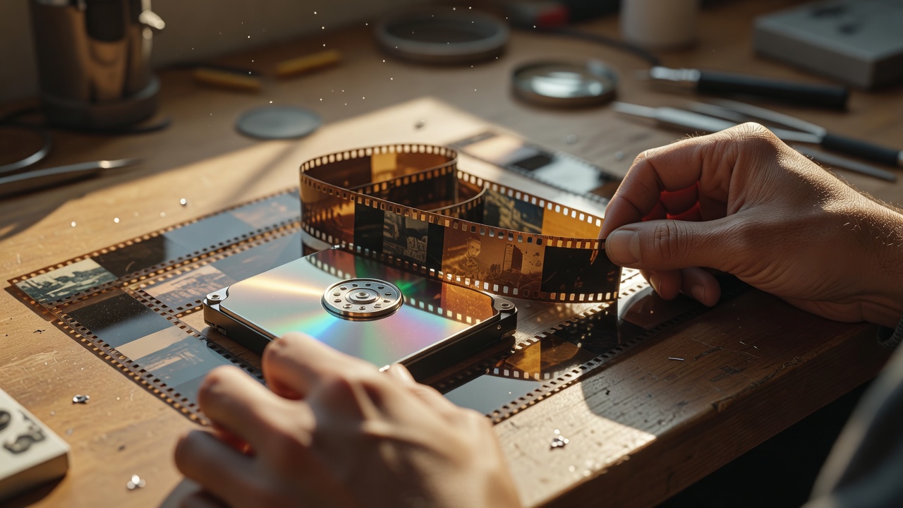 Hands arranging strips of film negatives around an open hard drive on a wooden workbench, suggesting a dataset assembled by hand.