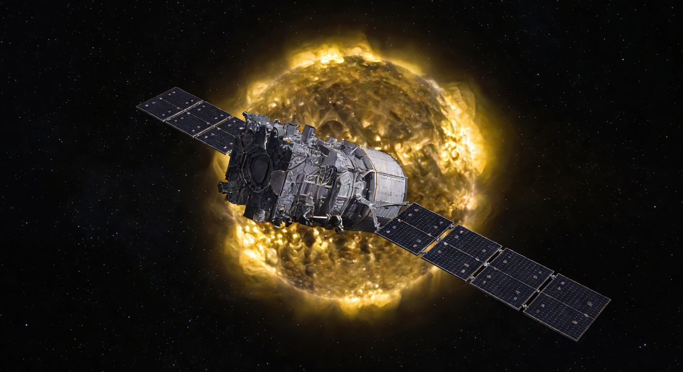 NASA's IRIS spacecraft in orbit, solar panels extended, with the Sun's corona in the background