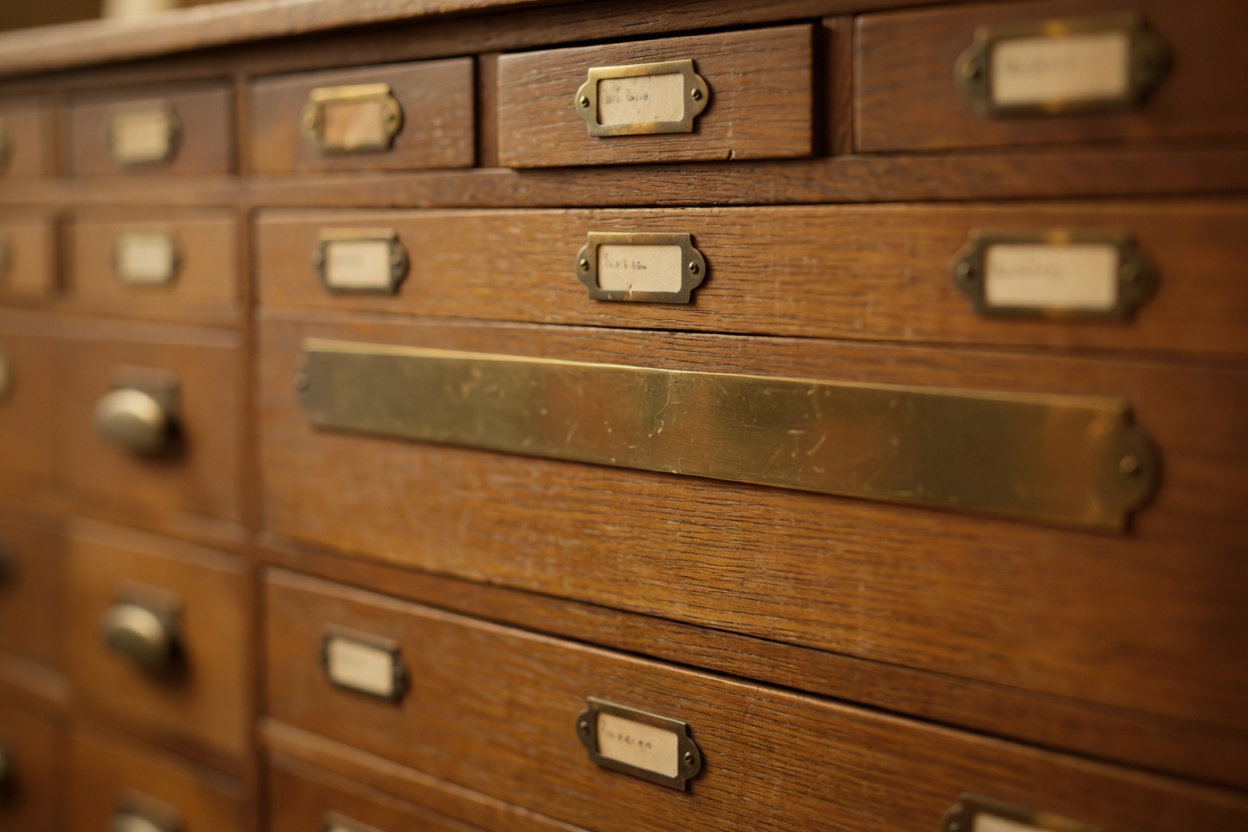 Close-up of a hand-labeled wooden drawer cabinet in warm tungsten light, one broad brass label covering a whole row of drawers while neighboring drawers.