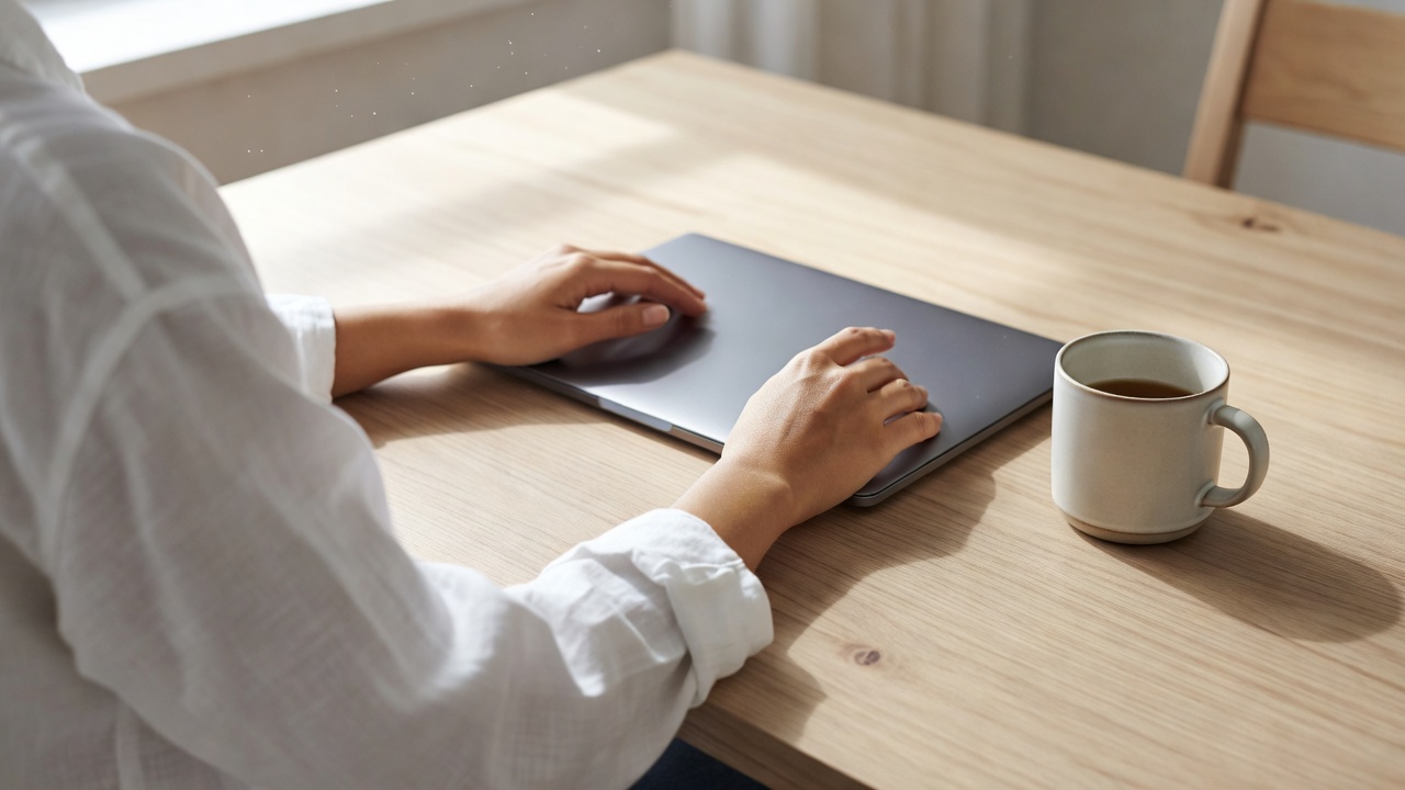 Person in a white linen shirt rests both hands on a closed laptop on a light wooden desk beside a coffee mug.