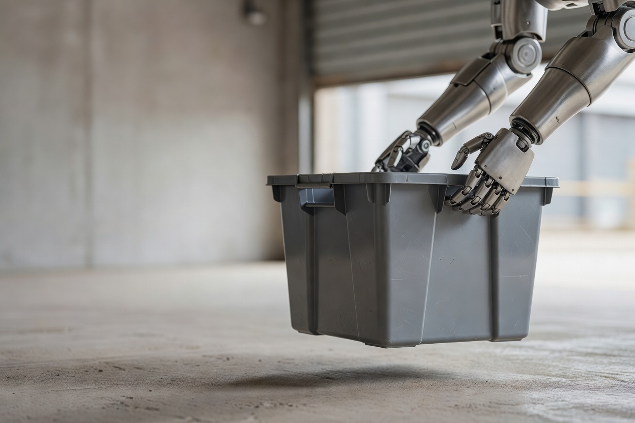 Two metallic robot hands rest on the rim of a gray plastic tote hovering just above a concrete warehouse floor.