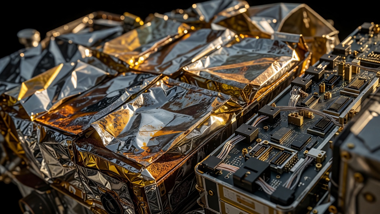 MAVEN spacecraft battery housing and electronics panel detail, close-up of oxidized thermal blankets and circuit connectors, warm amber sunlight raking across metallic surfaces, macro lens with shallow depth of field