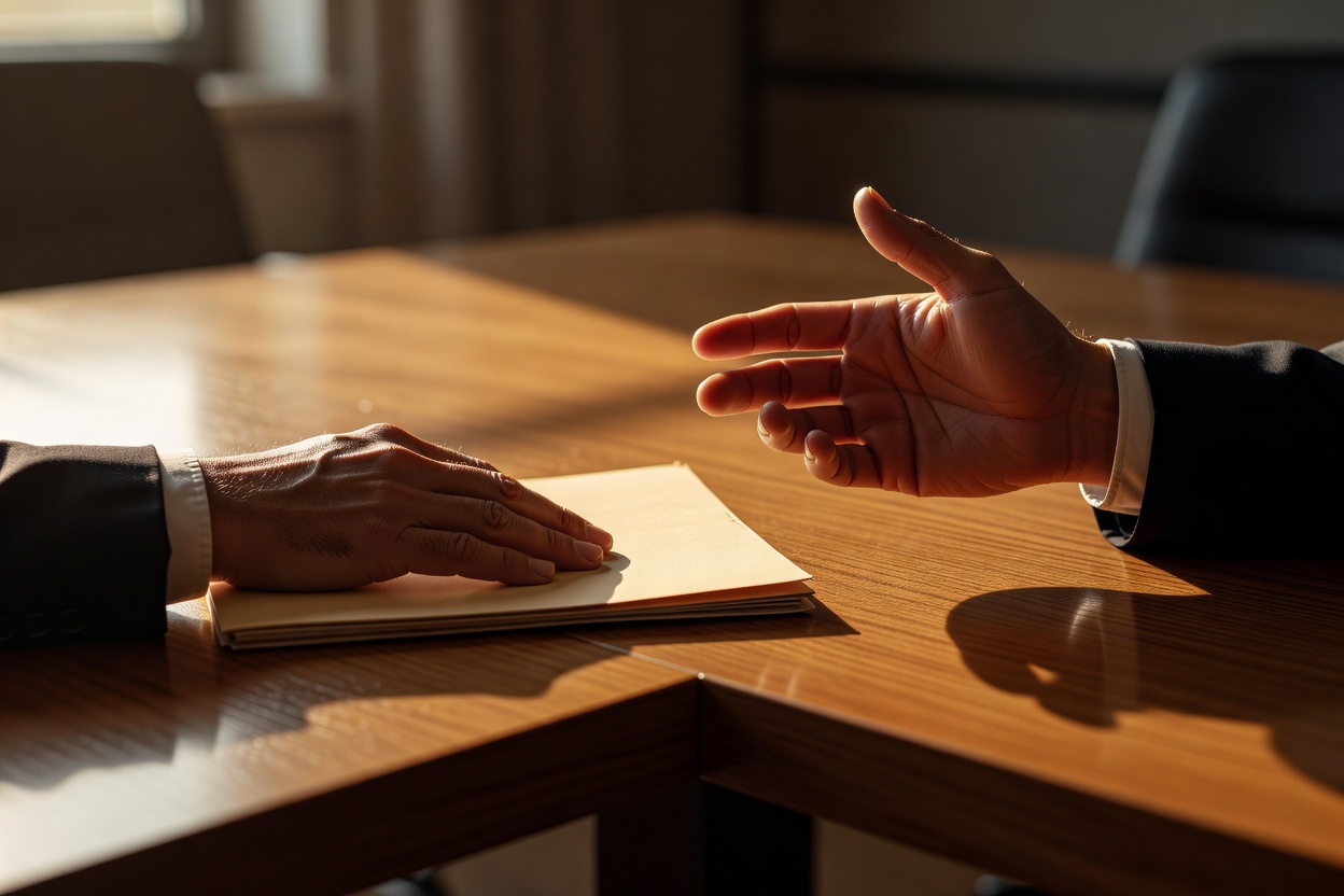 Close-up macro of two executives' hands across an oak conference table corner, one hand resting flat palm-down beside a closed manila folder, the other hand gesturing mid-negotiation, warm golden-hour sunlight streaming from left creating sharp amber highlights and deep shadows, shot on 85mm lens with shallow depth of field.
