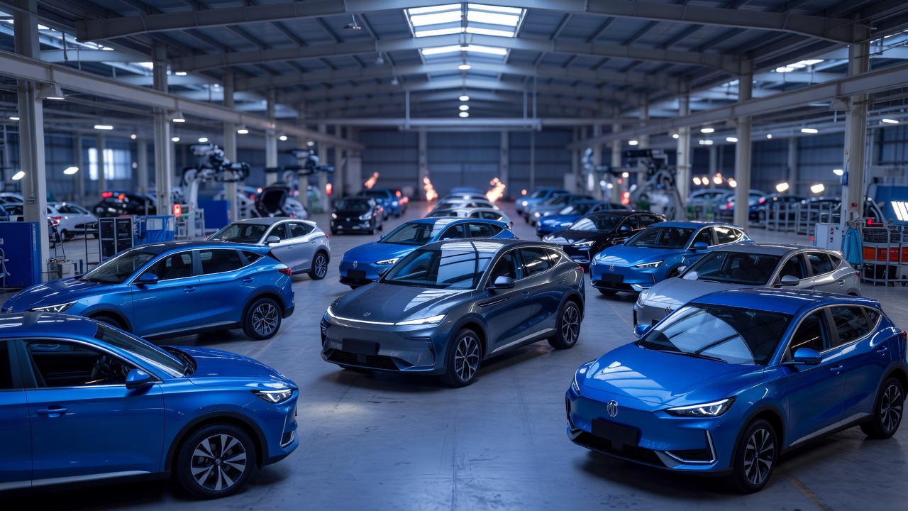 Wide shot of a freshly assembled XPENG G6 on the HICOM Pegoh factory floor beside MG S5 EV units, multiple Chinese-brand vehicles converging on a single Malaysian contract manufacturer, cool blue-hour ambient light filtering through skylights, wide-angle lens.
