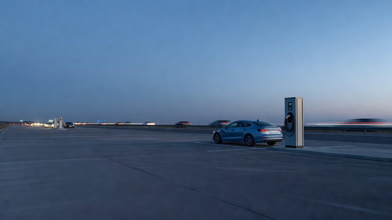 With blurred traffic passing in the distance.