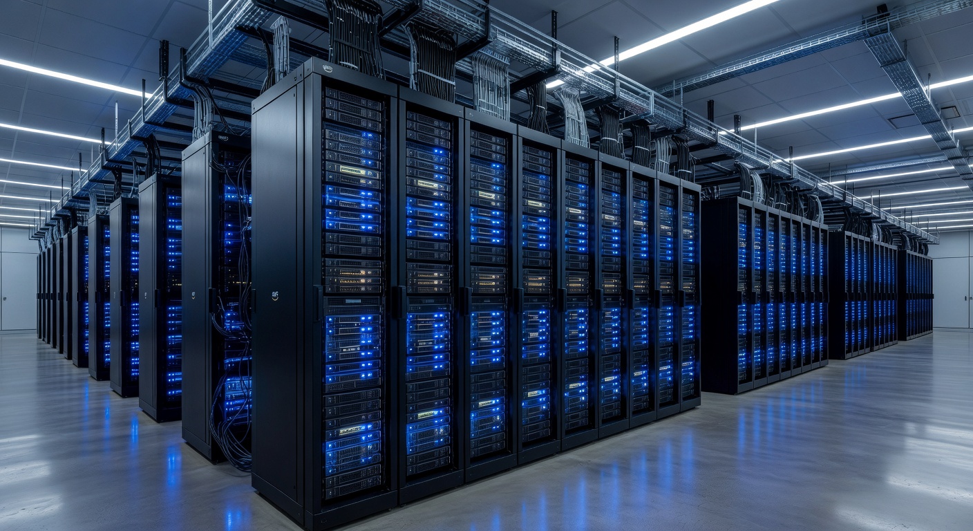 Modern AWS data center server room interior, rows of rack-mounted servers with blue LED indicators, cool professional lighting, cable management systems, emphasizing physical cloud infrastructure and enterprise-scale computing power