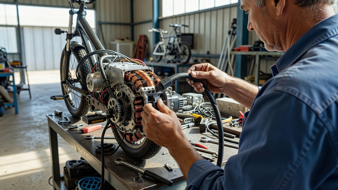 Close-up over-the-shoulder view of an engineer's hands adjusting a battery-pack diagnostic cable on a prototype electric tricycle drivetrain, bright daylight streaming through open workshop doors, crisp high-key natural light, 50mm lens.