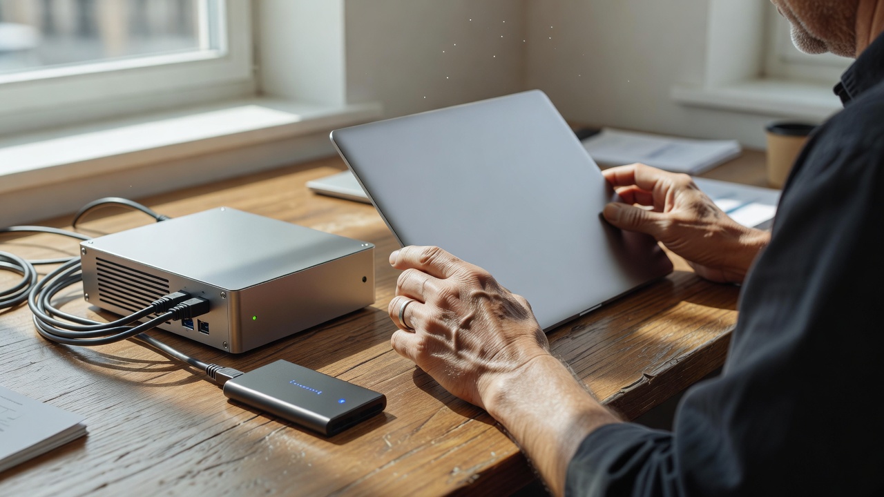 Over-the-shoulder view of a researcher's hands placing a consumer-grade laptop beside a compact local AI inference server on a sunlit desk, small open-weight model weights loading on an external SSD, bright high-key daylight, 35mm lens.