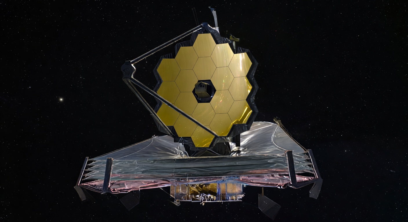 James Webb Space Telescope deployed in deep space, golden hexagonal primary mirror collecting infrared light from distant solar system targets