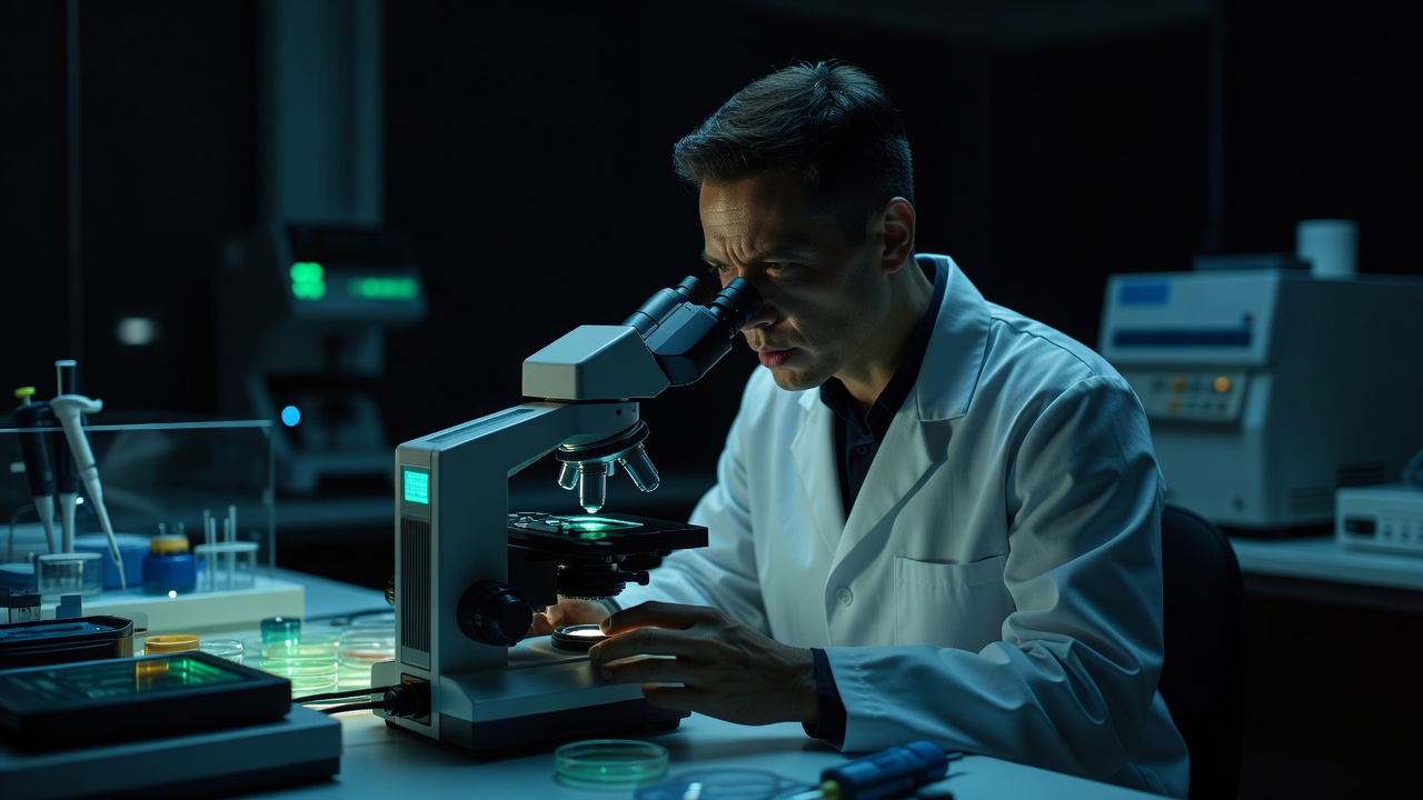 A stem-cell researcher examining kidney organoid samples under a fluorescence microscope