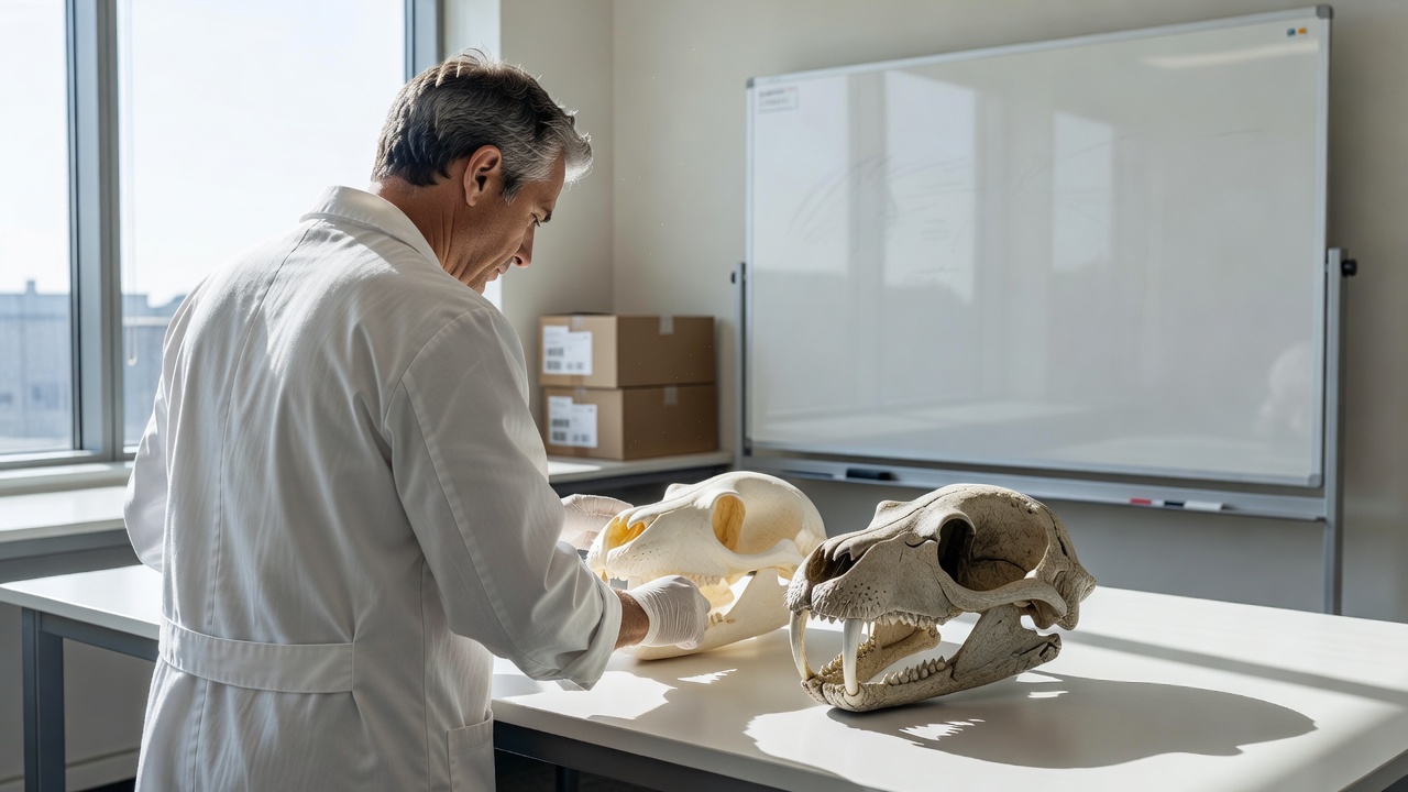 Over-the-shoulder view of a vertebrate paleontologist comparing two pinniped skull casts on a sunlit laboratory workbench, anatomical reference charts pinned nearby, shot on 50mm lens, f/8, bright high-key daylight flooding through large windows, clean white surfaces.