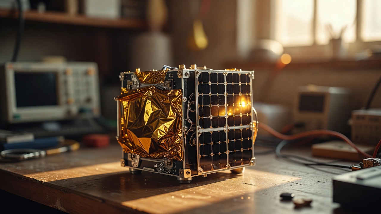 Tight macro close-up of a single small satellite chassis on a technician's workbench, gold multilayer insulation foil catching warm golden-hour light, solar panel cells gleaming, shallow depth of field with soft bokeh background, warm amber tones, 85mm macro lens.