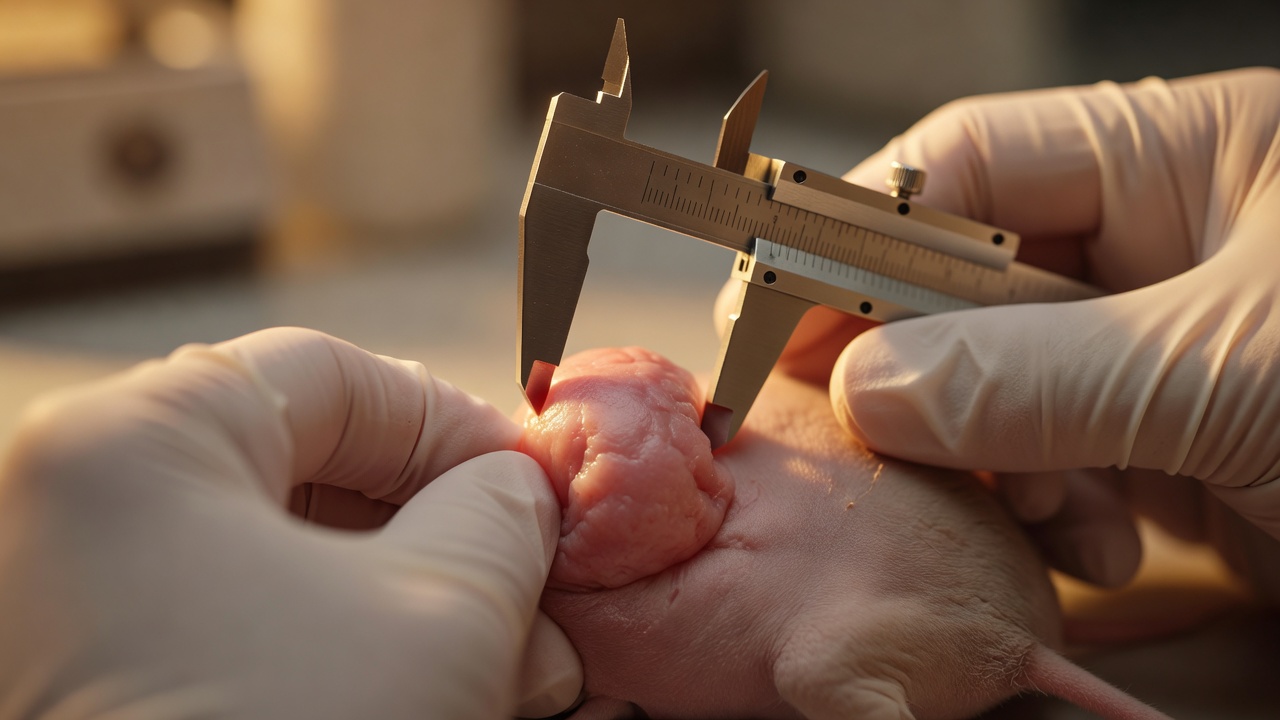 Golden-hour macro on a mouse xenograft flank tumor mid-caliper measurement, gloved fingers steadying pink tissue under warm amber light, shallow focus, 100mm macro lens, f/2.8.