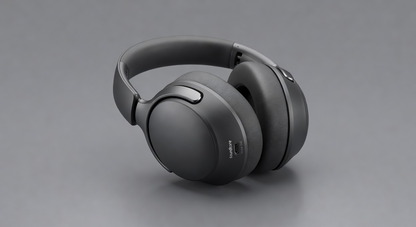 Anker Soundcore Space Q45 product detail showing USB-C charging port and folded position, studio lighting, shot on 100mm f/2.8