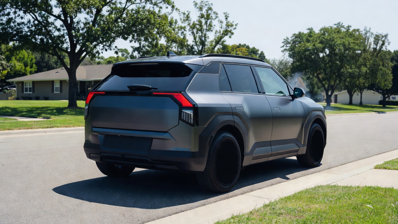 Kia EV3 subcompact crossover's rear three-quarter profile and taillight signature, parked over-the-shoulder at a suburban curb, bright midday sun, high-key natural light, 35mm lens.