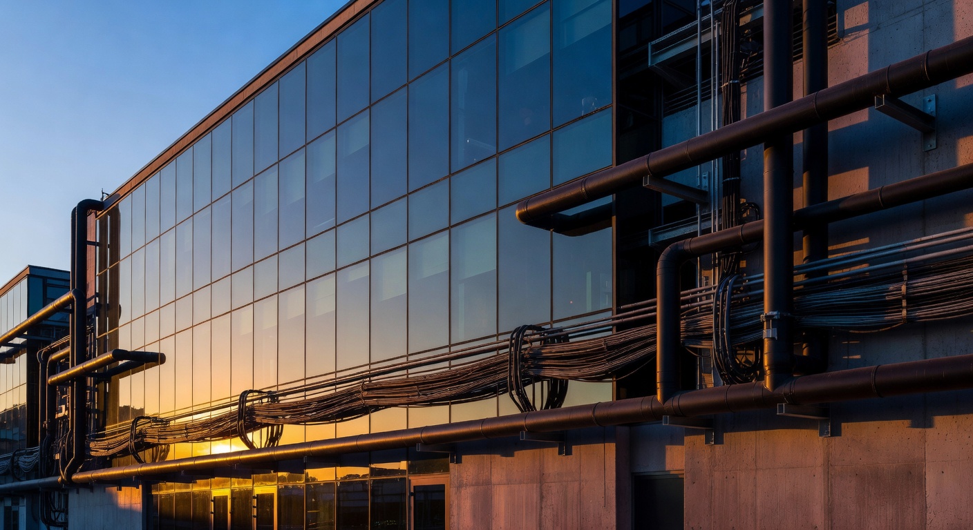 Modern datacenter exterior bathed in golden hour sunlight with reflective glass facade and exposed infrastructure, wide-angle architectural detail shot at 24mm, warm orange and blue tones, emphasizing scale and permanence of cloud infrastructure