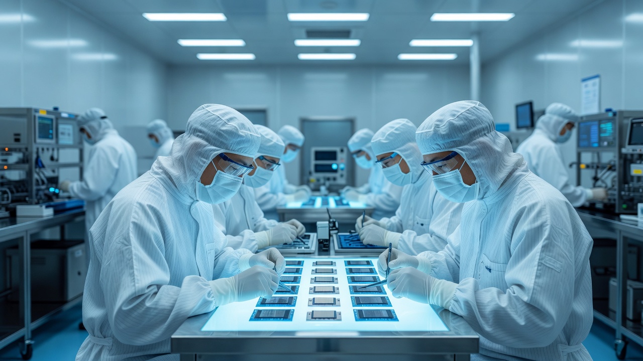 wide-angle shot of semiconductor fabrication engineers in cleanroom gowns inspecting early ASIC engineering samples on a lit examination table, cool blue overhead fluorescents, shallow depth of field