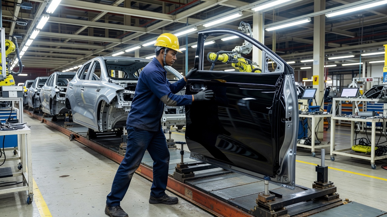Over-the-shoulder view of a Malaysian assembly technician guiding a freshly painted XPENG G6 door panel into alignment on the HICOM Pegoh production line, MG S5 units visible in background, bright high-key overhead factory daylight, wide-angle lens.