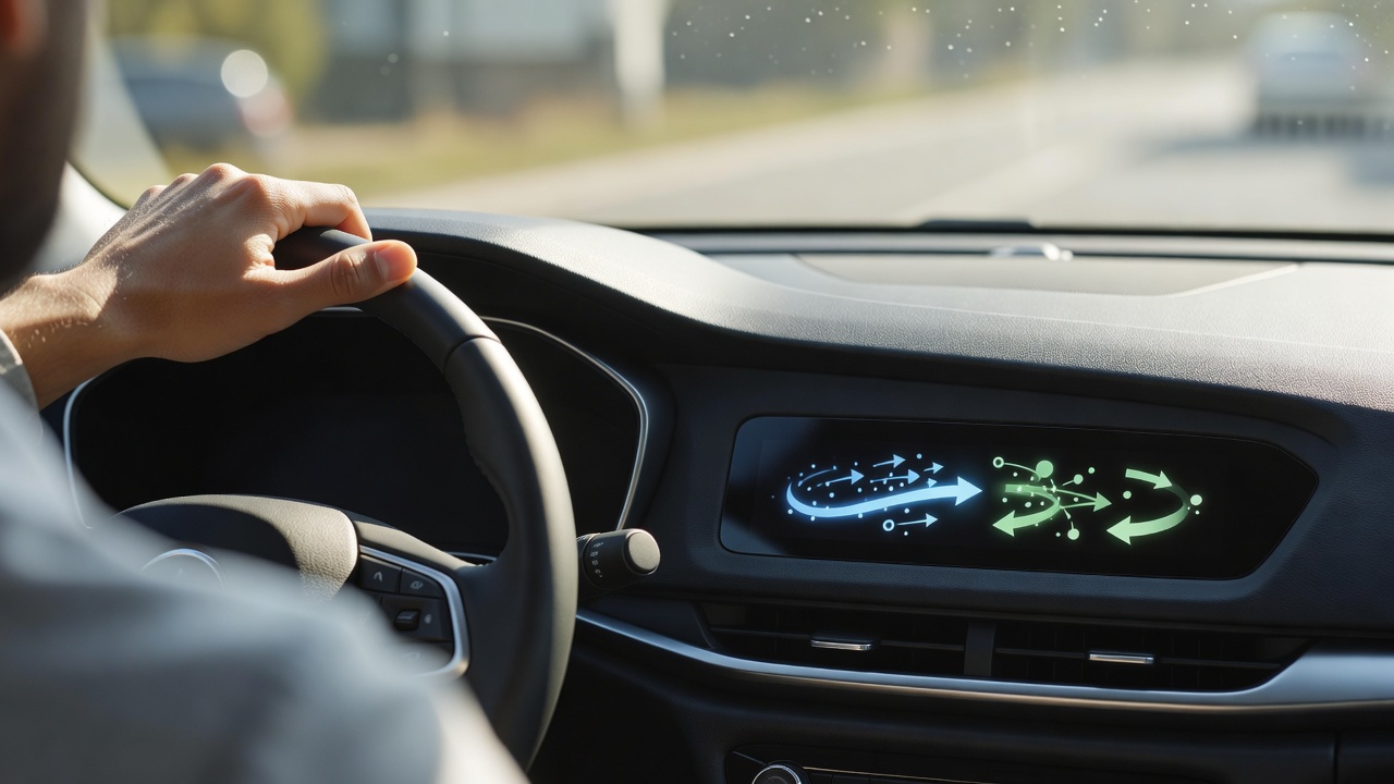 Over-the-shoulder medium shot of a hybrid vehicle's instrument cluster area showing the energy flow indicator panel, driver's hand on steering wheel, bright high-key midday daylight flooding through windshield, 50mm lens.
