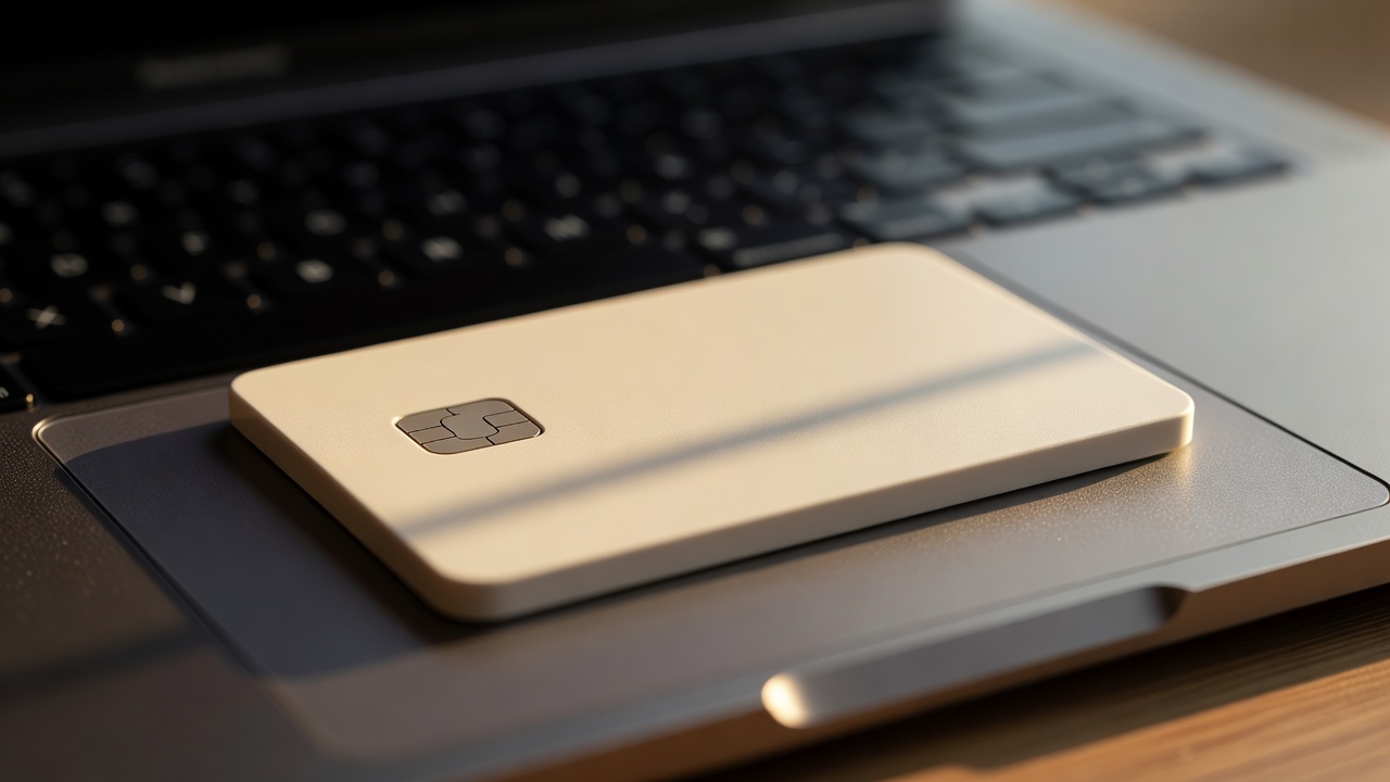 Tight macro close-up of a physical enterprise security access badge resting on a laptop trackpad, card chip detail sharp, warm golden-hour side light raking across the badge surface, shallow depth of field.