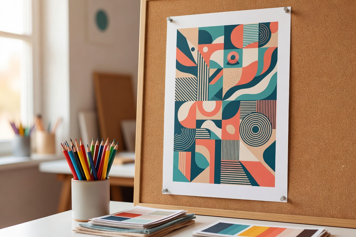Abstract geometric poster print pinned to a corkboard beside a cup of colored pencils and stacked color swatch cards in a sunlit studio.