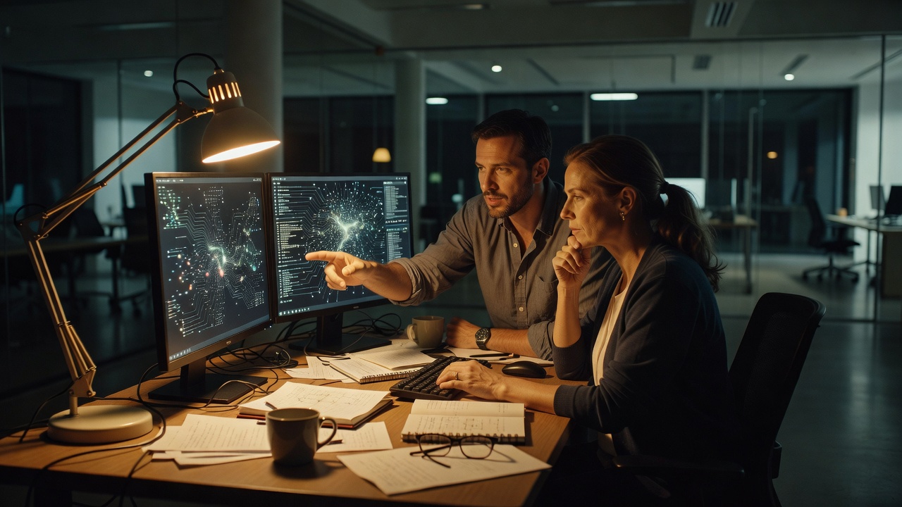 Two AI researchers reviewing live experiment visualizations together