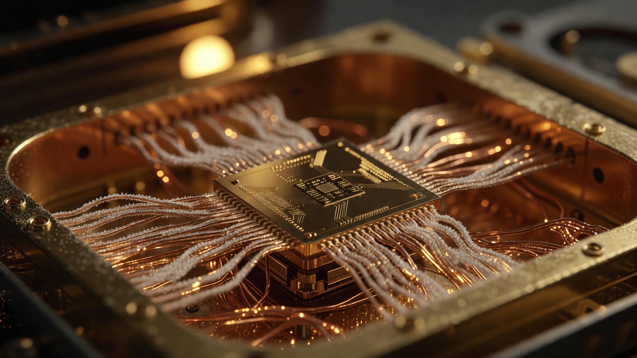 Cinematic macro close-up of a gold-plated dilution refrigerator's innermost qubit chip stage, warm amber work-lamp glow on frosted copper wiring, 100mm macro lens, f/2.8, shallow depth of field, golden-hour warmth.