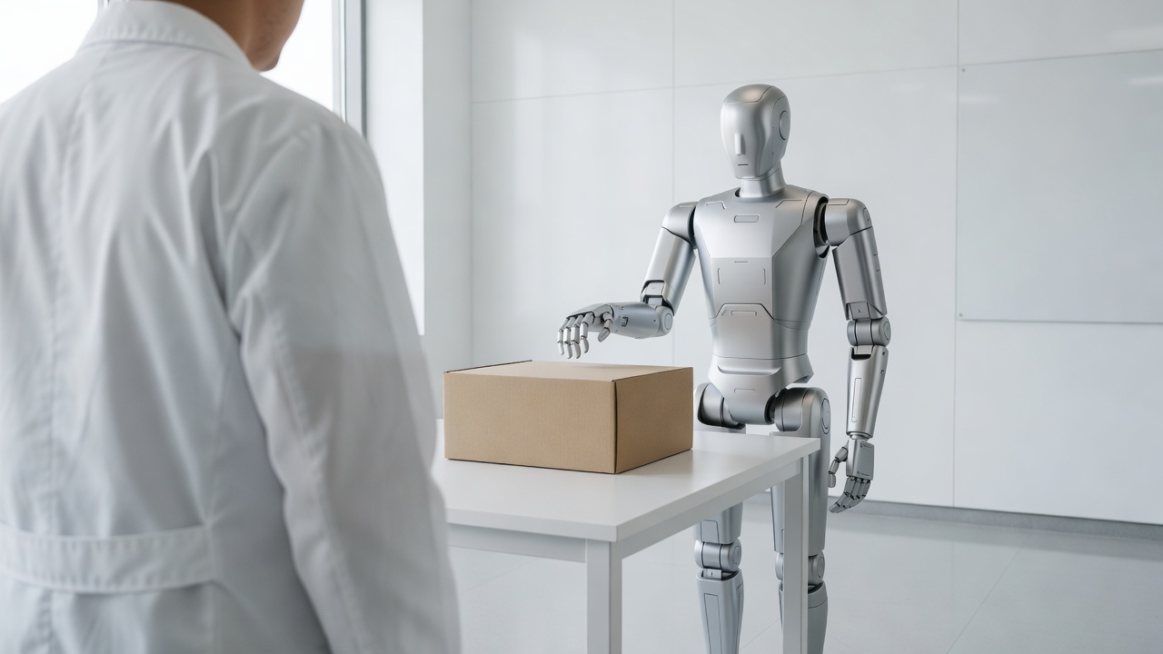A researcher in a white lab coat watches a silver humanoid robot reach one hand toward a cardboard box on a white table.