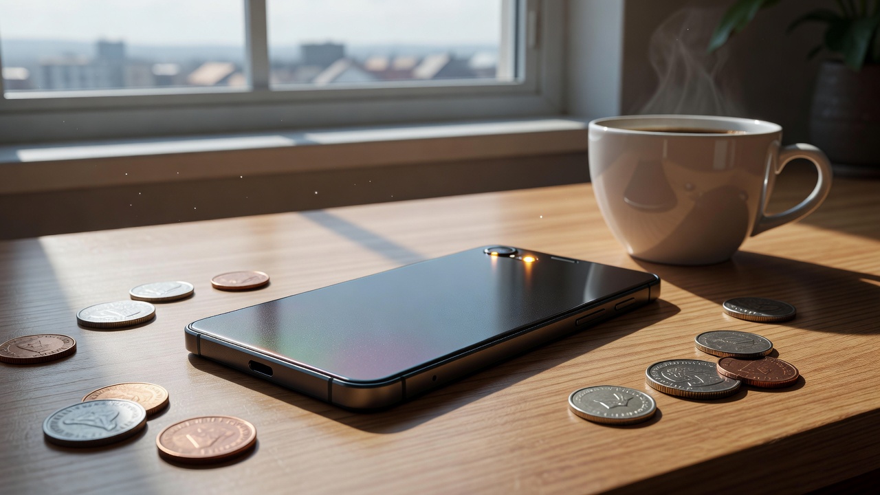 A working humanoid-adjacent smartphone rests screen-down on a bright desk, its camera-flash LED softly pulsing beside scattered coins and a coffee cup, crisp morning daylight through a nearby window.